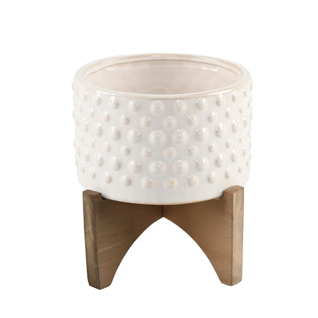 Flora Bunda 5'  Hobnail Ceramic Planter on Wood Stand CT903E-IVORY